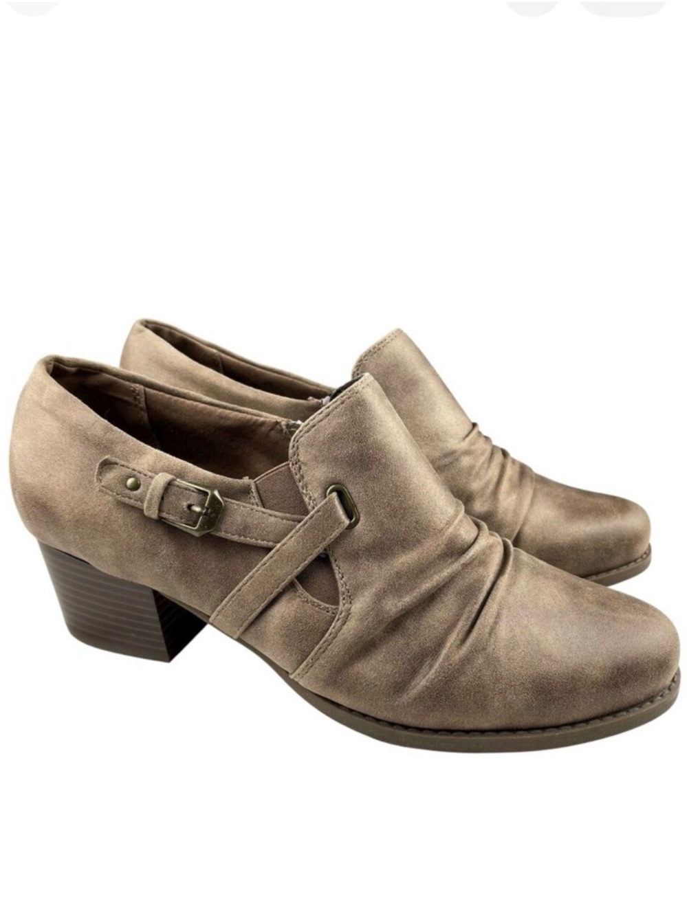 Yuu Razzy Women's Ankle Booties 10W Taupe Faux Suede Block‎ Heel Buckle Ruched